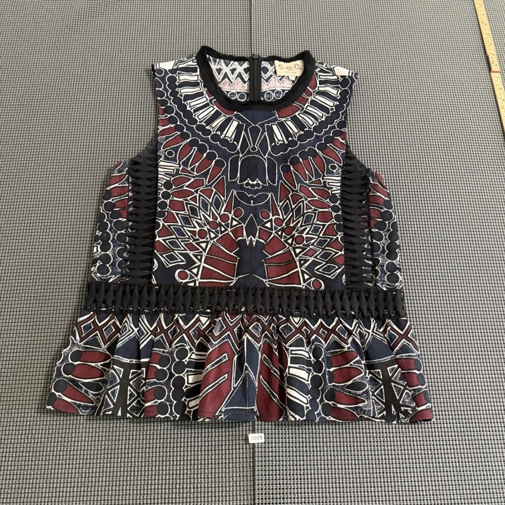 Sea New York Women Size 6 Sleeveless Peplum Top Multicolor Geometric Lattice